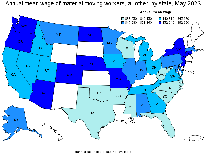 Map of annual mean wages of material moving workers, all other by state, May 2023