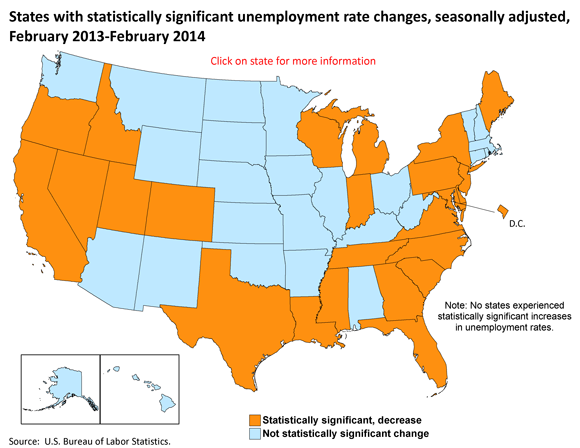 States with statistically significant unemployment rate changes, seasonally adjusted, February 2013-February 2014