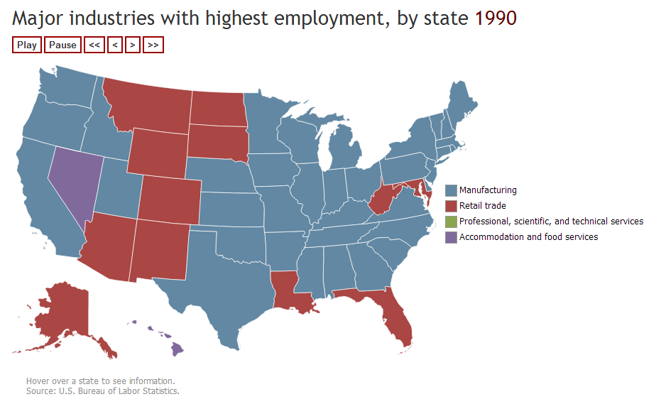 A data chart image of Largest industries by state, 1990–2013
