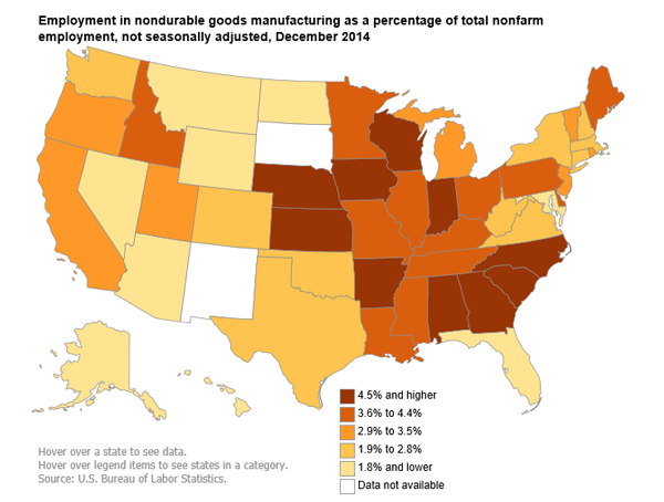 A data chart image of Arkansas had highest share of employment in nondurable goods manufacturing in December 2014