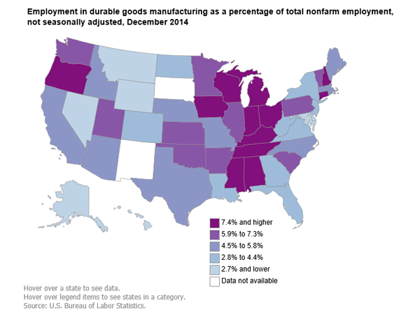 A data chart image of Indiana had highest share of employment in durable goods manufacturing in December 2014