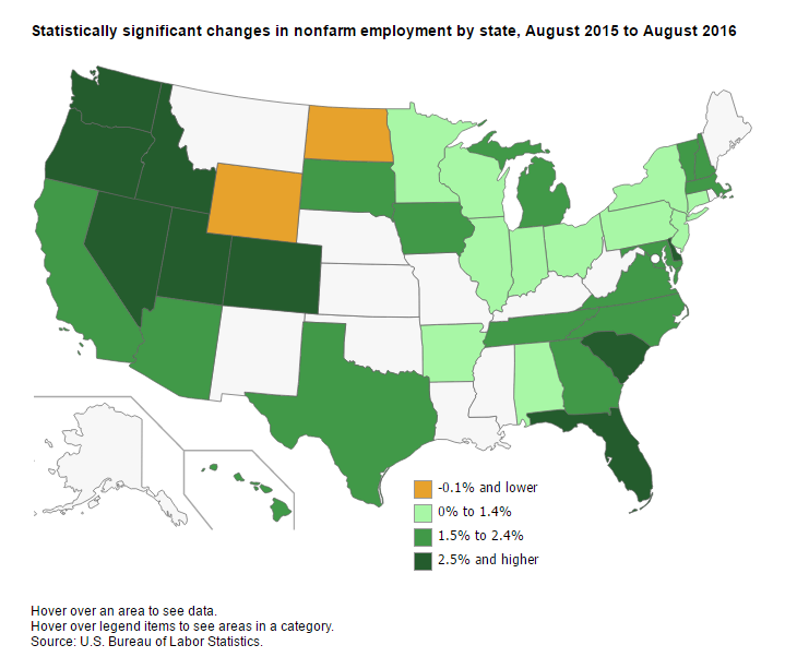 A data chart image of Idaho and Oregon had largest percentage increases in employment over the year ending August 2016