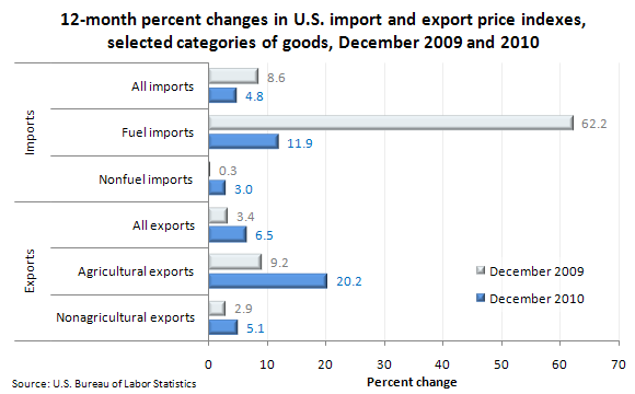12-month percent changes in U.S. import and export price indexes, selected categories of goods, December 2009 and 2010