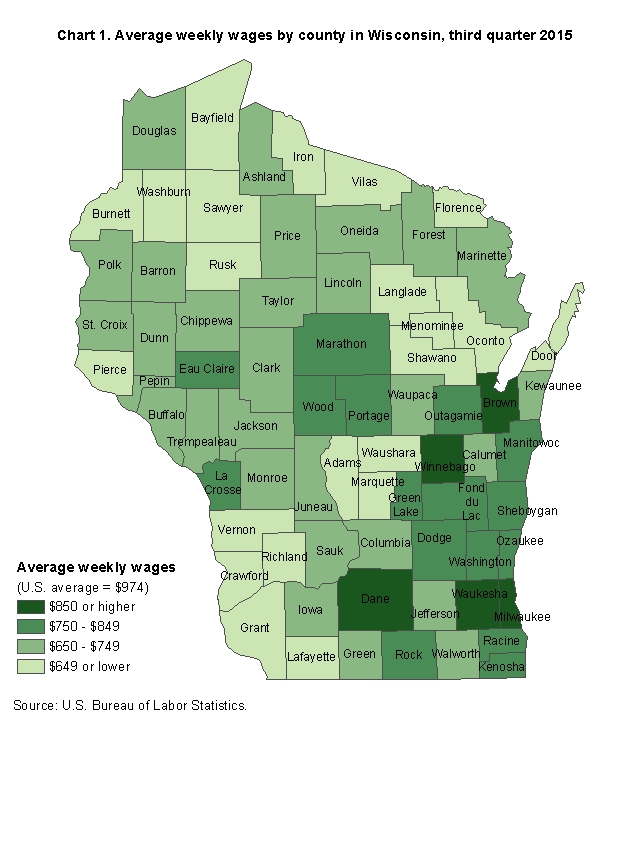 Chart 1.  Average weekly wages by county in Wisconsin, third quarter 2015
