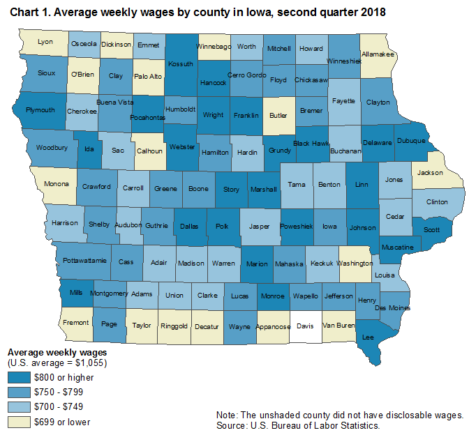 Chart 1. Average weekly wages by county in Iowa, second quarter 2018