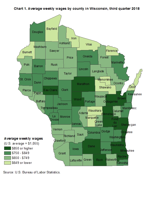 Chart 1. Average weekly wages by county in Wisconsin, third quarter 2018