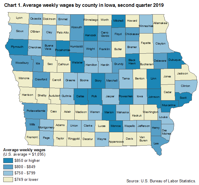 Chart 1. Average weekly wages by county in Iowa, second quarter 2019