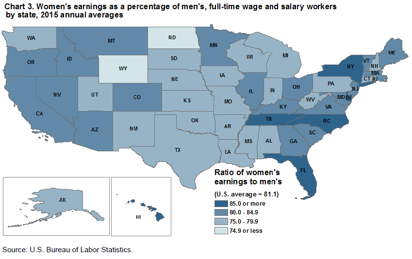 Women’s earnings as a percentage of men’s, full-time wage and salary workers by state, 2015 annual averages