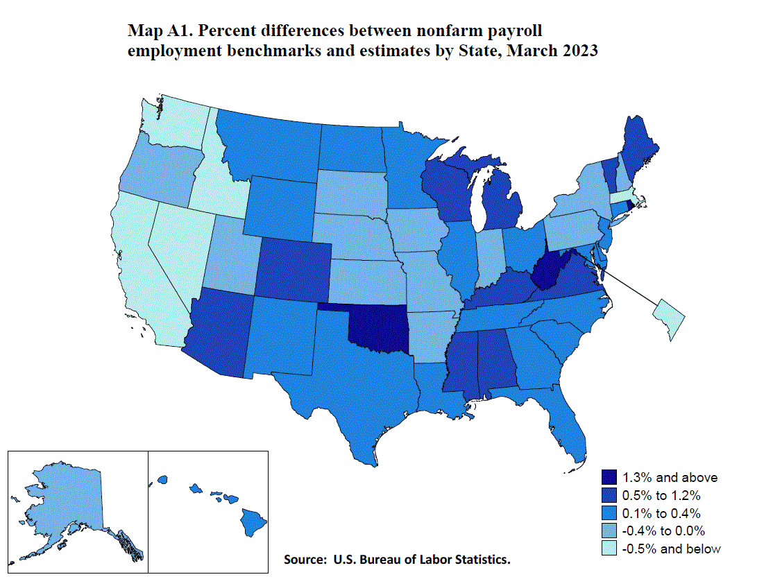 =Map A1. Percent differences between nonfarm payroll employment benchmarks and estimates by State, March 2023