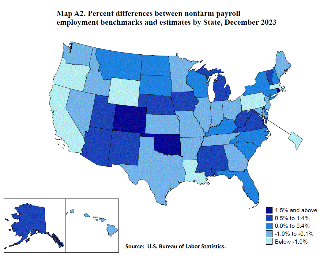 =Map A2. Percent differences between nonfarm payroll employment benchmarks and estimates by State, December 2023