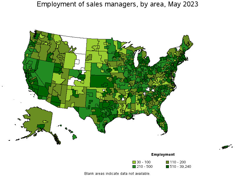 Map of employment of sales managers by area, May 2021