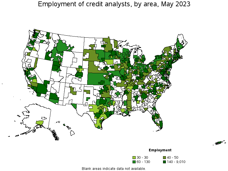 Map of employment of credit analysts by area, May 2022