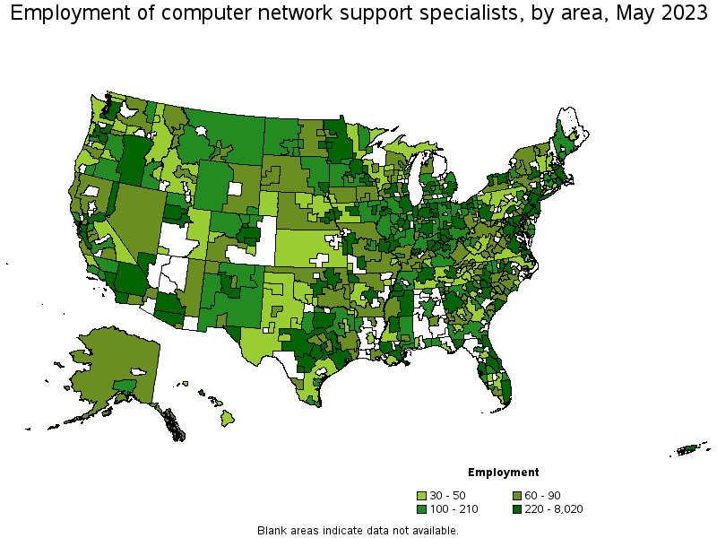 Map of employment of computer network support specialists by area, May 2021