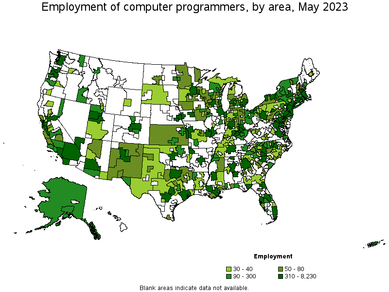 Map of employment of computer programmers by area, May 2022