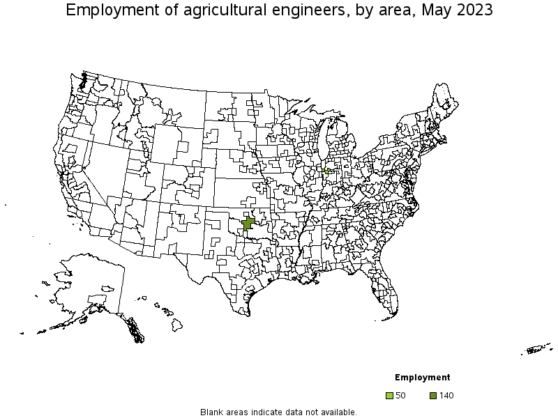 Map of employment of agricultural engineers by area, May 2023