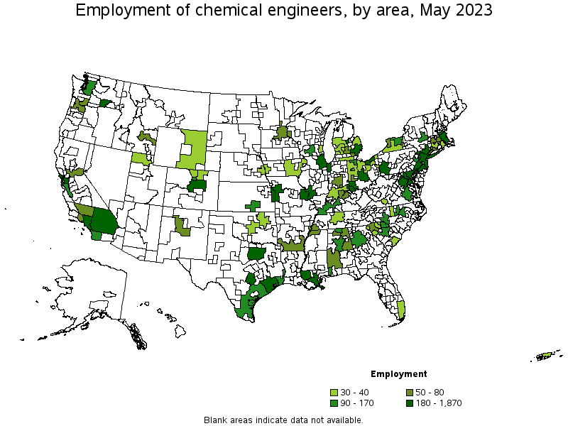 Map of employment of chemical engineers by area, May 2022