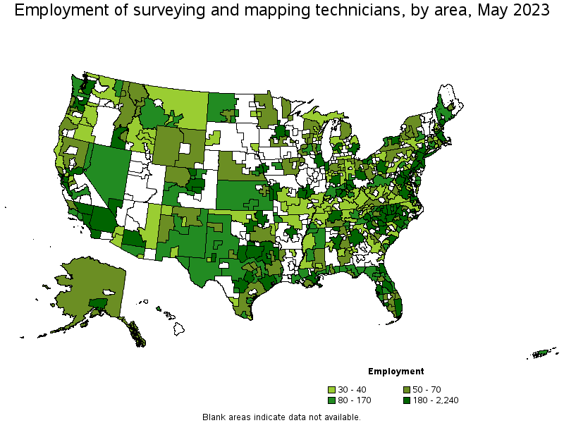Map of employment of surveying and mapping technicians by area, May 2022