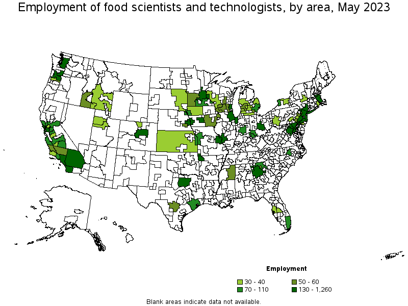 Map of employment of food scientists and technologists by area, May 2021