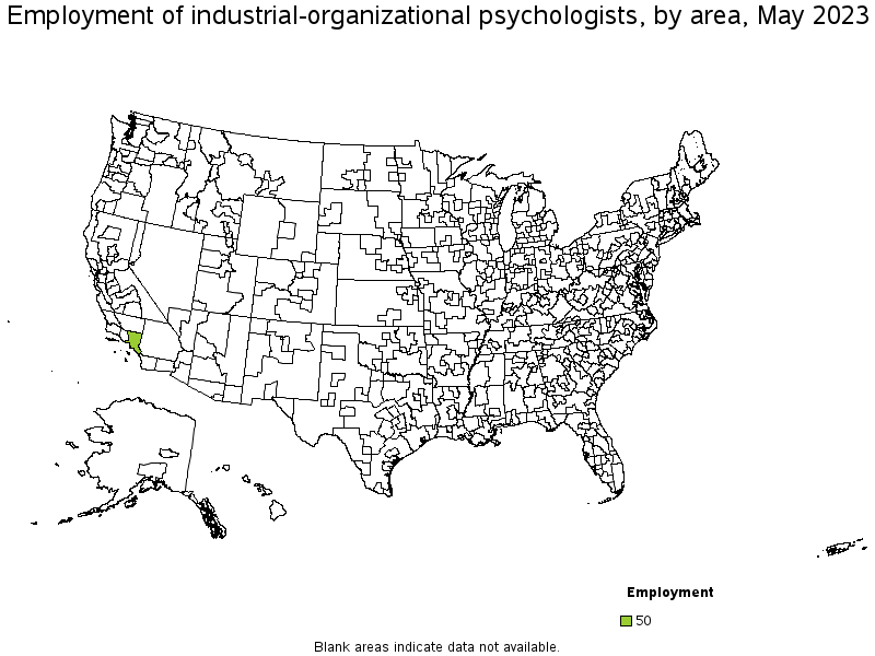 Map of employment of industrial-organizational psychologists by area, May 2022