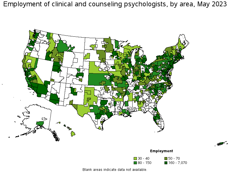 Map of employment of clinical and counseling psychologists by area, May 2021