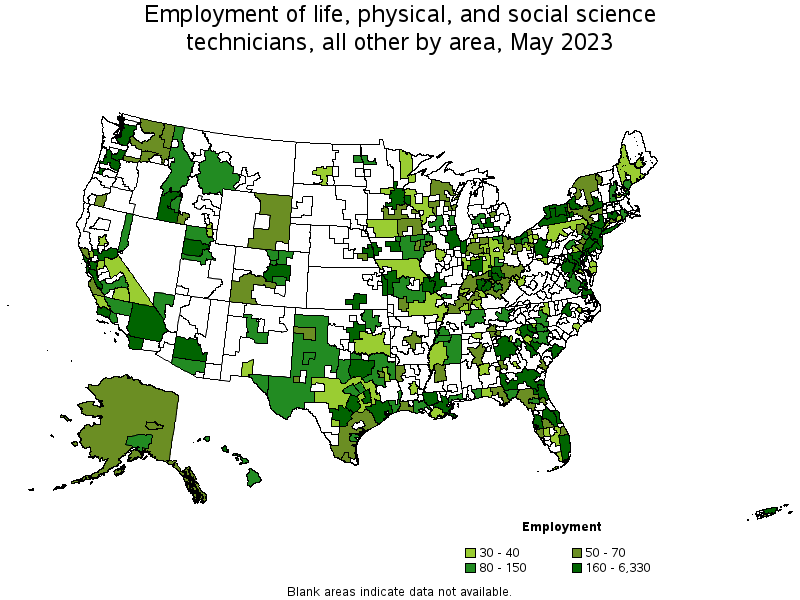 Map of employment of life, physical, and social science technicians, all other by area, May 2021