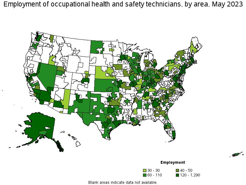 Map of employment of occupational health and safety technicians by area, May 2021