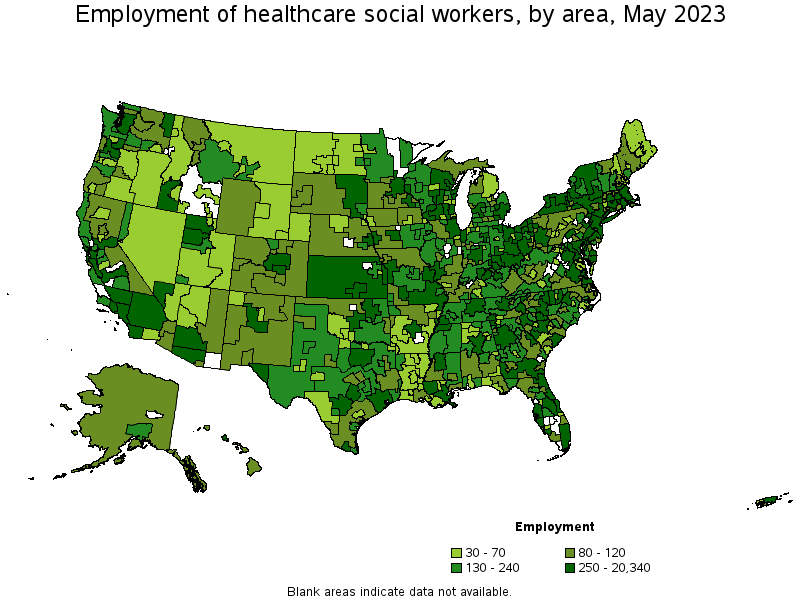Map of employment of healthcare social workers by area, May 2022