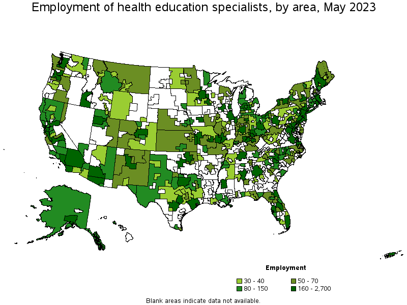 Map of employment of health education specialists by area, May 2021
