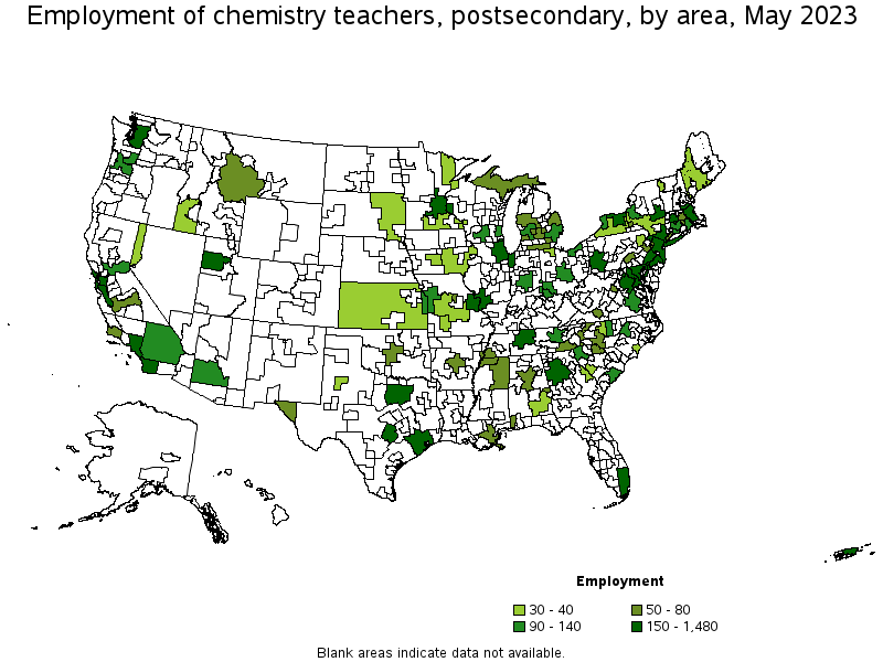 Map of employment of chemistry teachers, postsecondary by area, May 2022