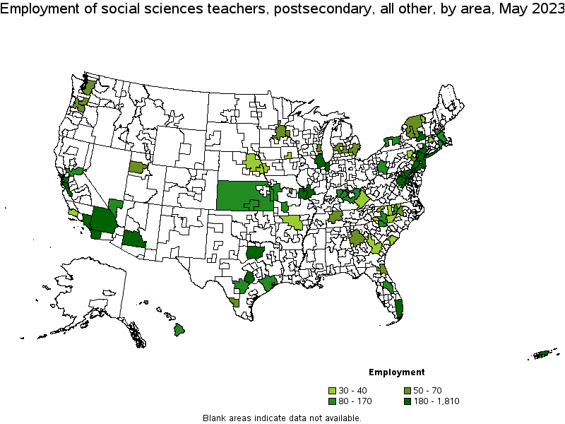 Map of employment of social sciences teachers, postsecondary, all other by area, May 2022