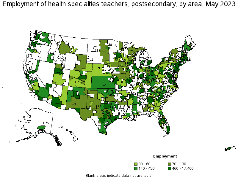 Map of employment of health specialties teachers, postsecondary by area, May 2021