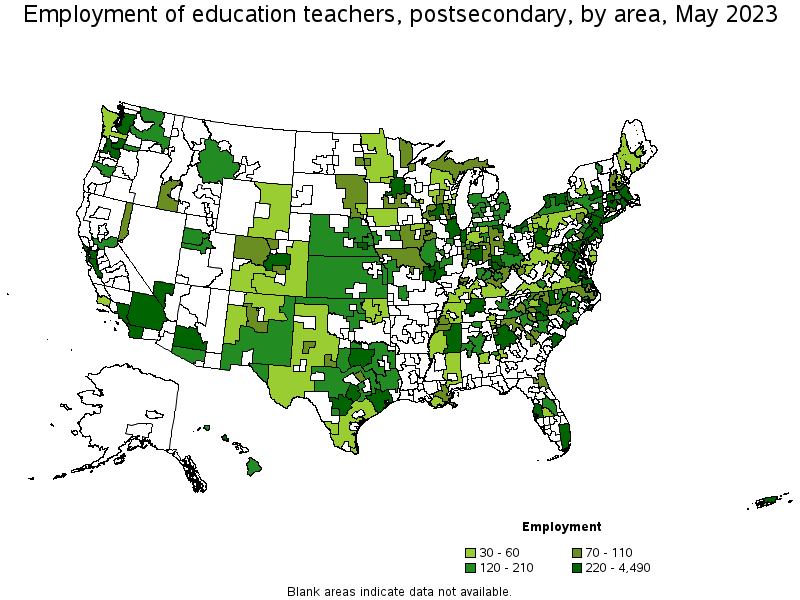Map of employment of education teachers, postsecondary by area, May 2021