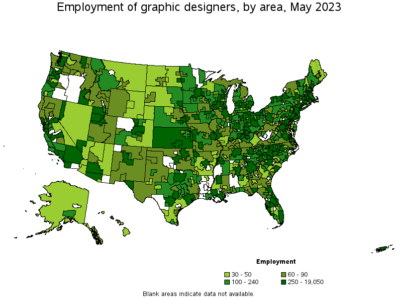 Map of employment of graphic designers by area, May 2021