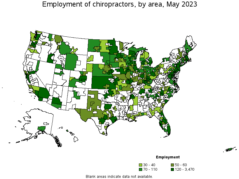 Map of employment of chiropractors by area, May 2022