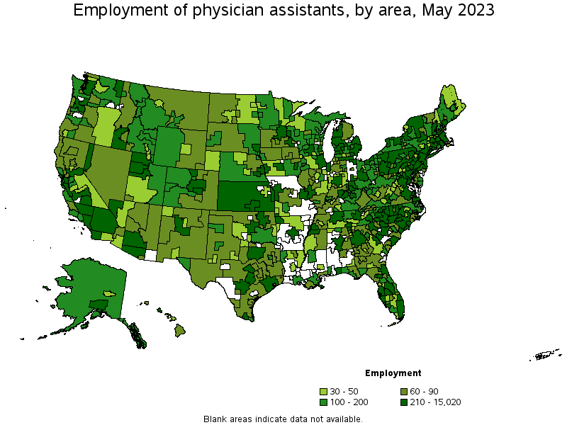 Map of employment of physician assistants by area, May 2022