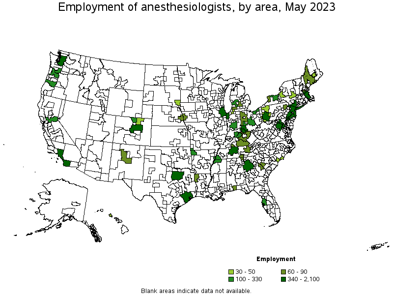 Map of employment of anesthesiologists by area, May 2021