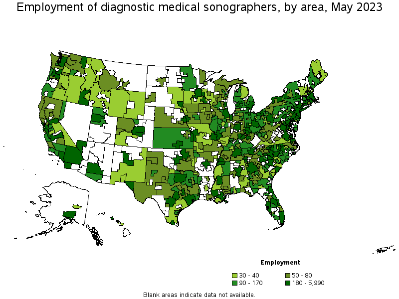 Map of employment of diagnostic medical sonographers by area, May 2022