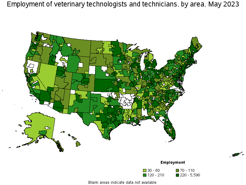 Map of employment of veterinary technologists and technicians by area, May 2022