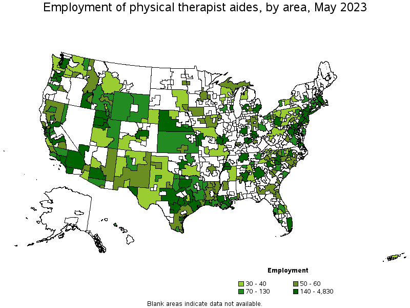 Map of employment of physical therapist aides by area, May 2021