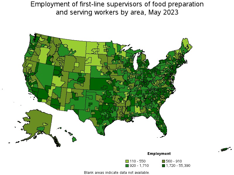 Map of employment of first-line supervisors of food preparation and serving workers by area, May 2021
