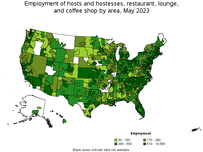 Map of employment of hosts and hostesses, restaurant, lounge, and coffee shop by area, May 2022