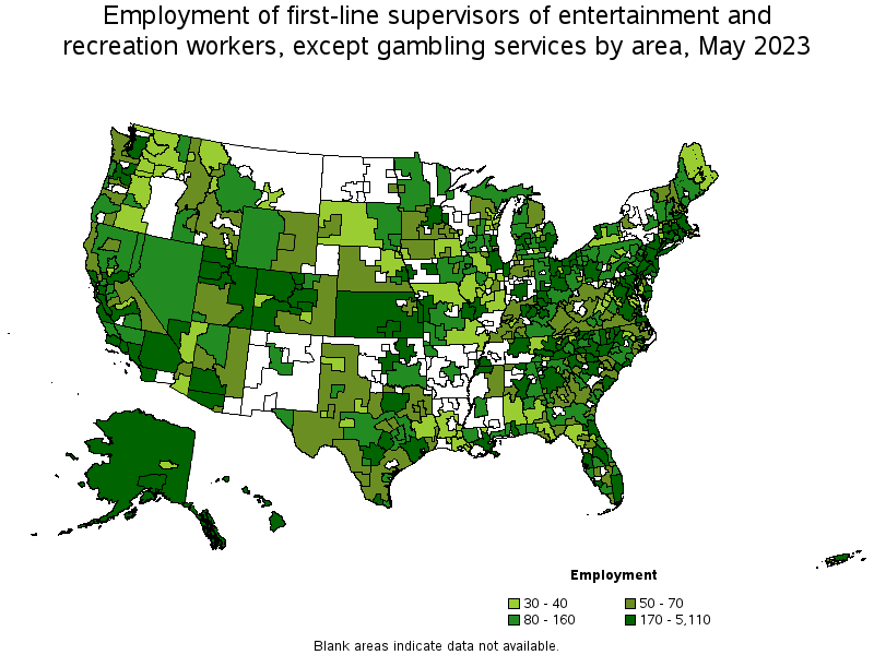 Map of employment of first-line supervisors of entertainment and recreation workers, except gambling services by area, May 2021