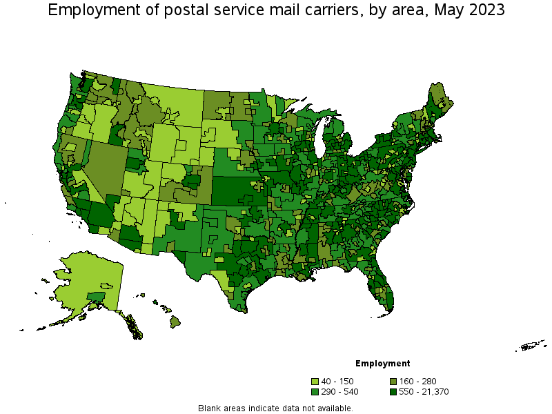 Map of employment of postal service mail carriers by area, May 2021