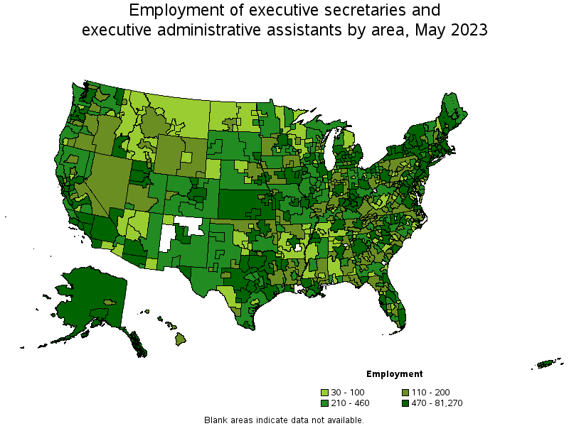 Map of employment of executive secretaries and executive administrative assistants by area, May 2021