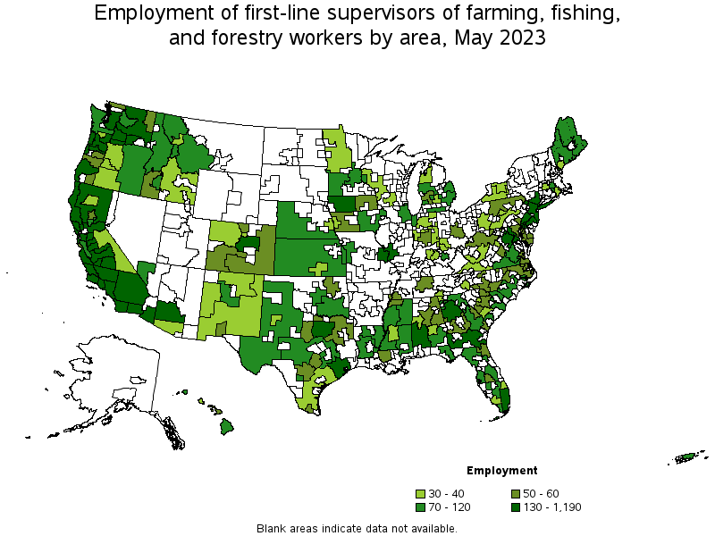 Map of employment of first-line supervisors of farming, fishing, and forestry workers by area, May 2021