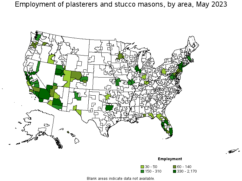 Map of employment of plasterers and stucco masons by area, May 2021