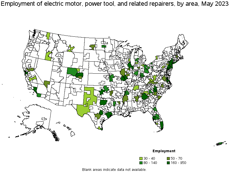 Map of employment of electric motor, power tool, and related repairers by area, May 2022