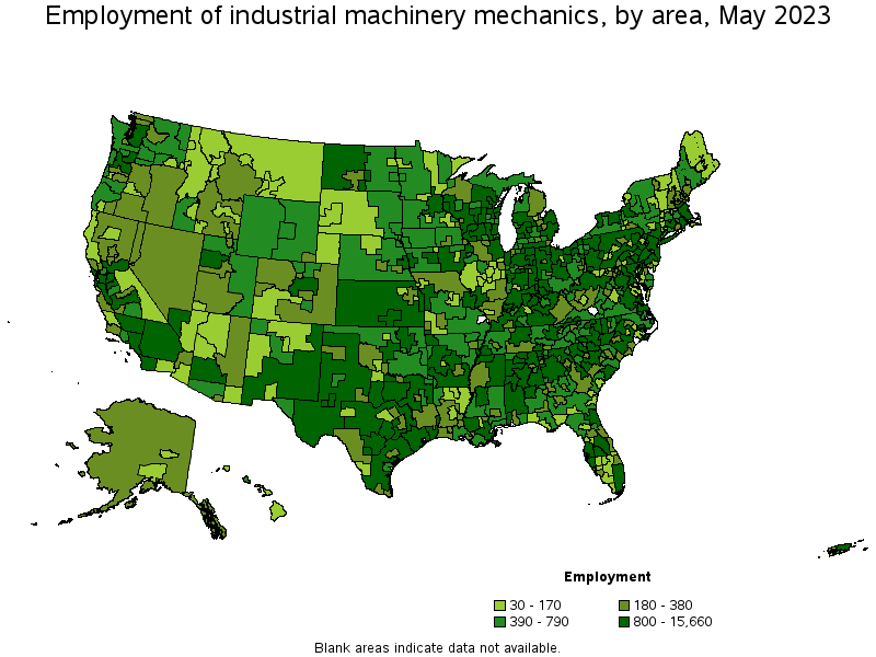 Map of employment of industrial machinery mechanics by area, May 2021