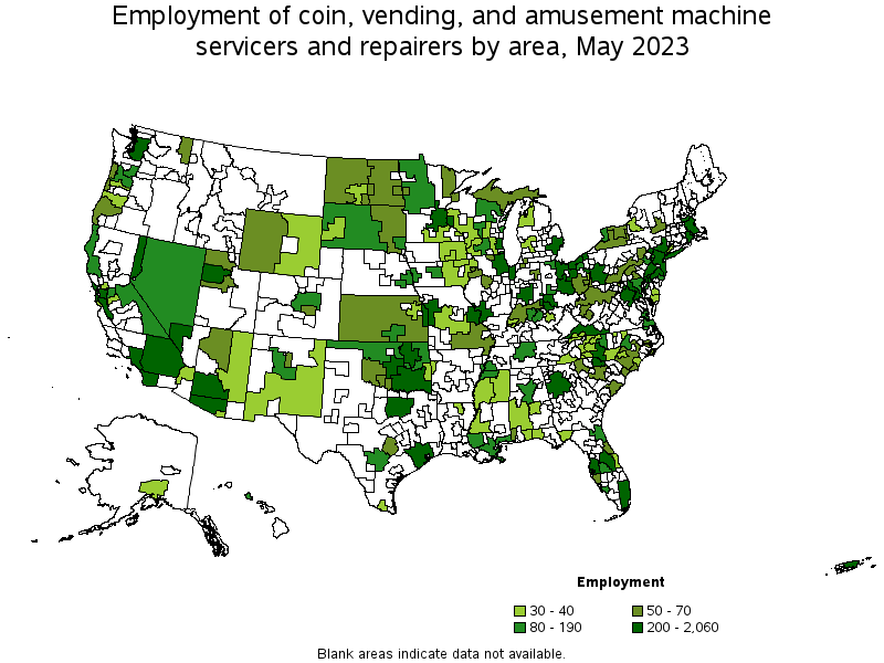 Map of employment of coin, vending, and amusement machine servicers and repairers by area, May 2021