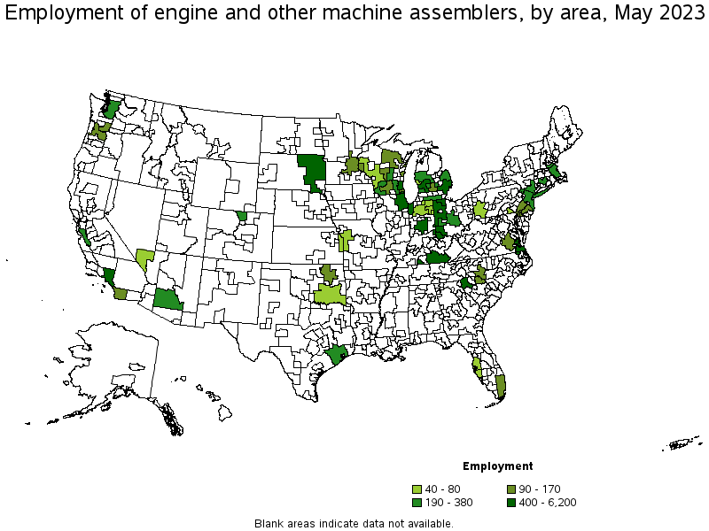 Map of employment of engine and other machine assemblers by area, May 2021
